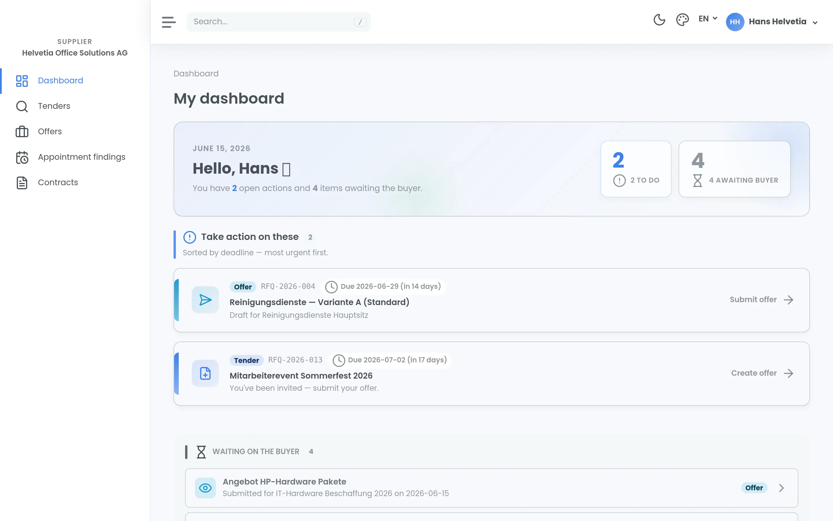 The supplier portal dashboard: two open tasks with their deadlines, and the offers waiting on procurement.