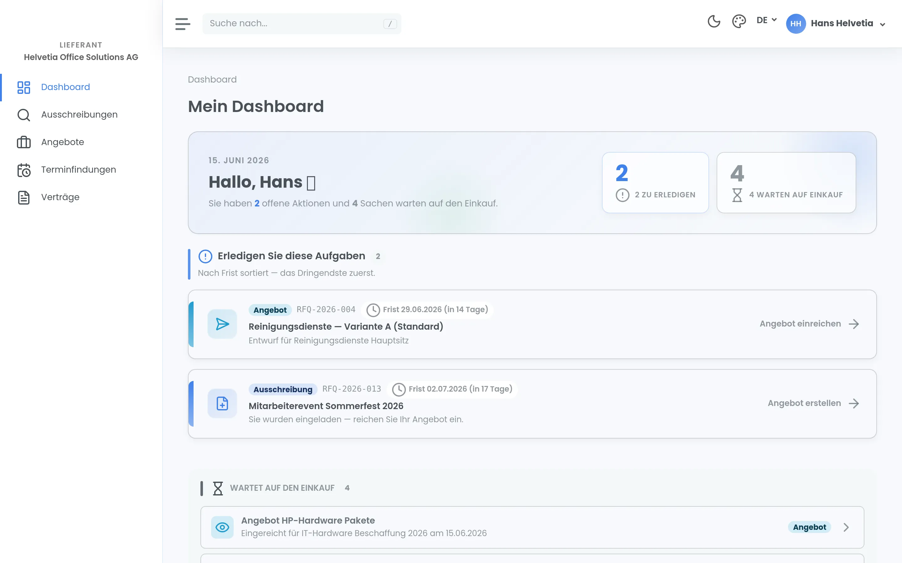 Dashboard des Lieferantenportals: zwei offene Aufgaben mit Frist und die Angebote, die auf den Einkauf warten.